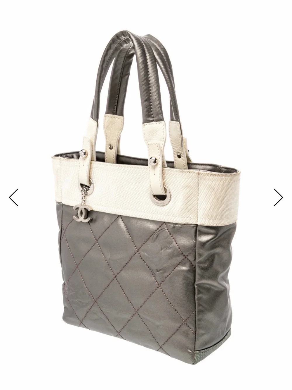 CHANEL Two-Tone Quilted Tote in Silver and Cream